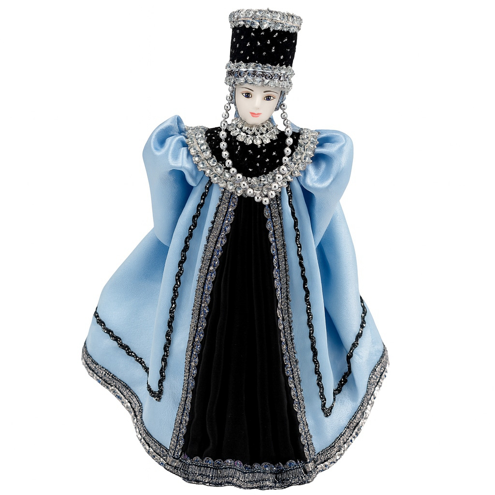 Russian St Petersburg Artisan Collectible Doll Blue Beaded Gown Silver Figurine